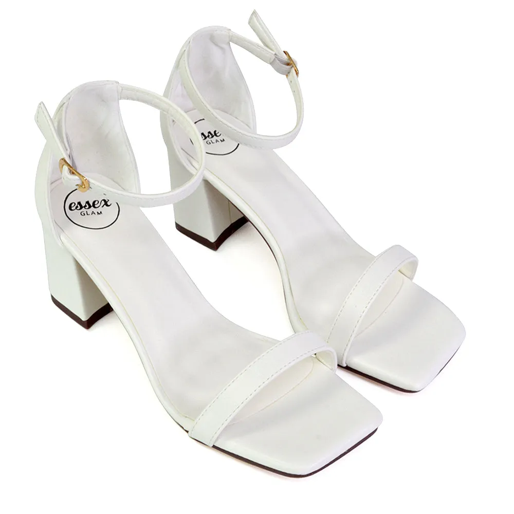 Antigoni Basic Strappy Low Mid Block Heel Square Toe Sandals in Silver