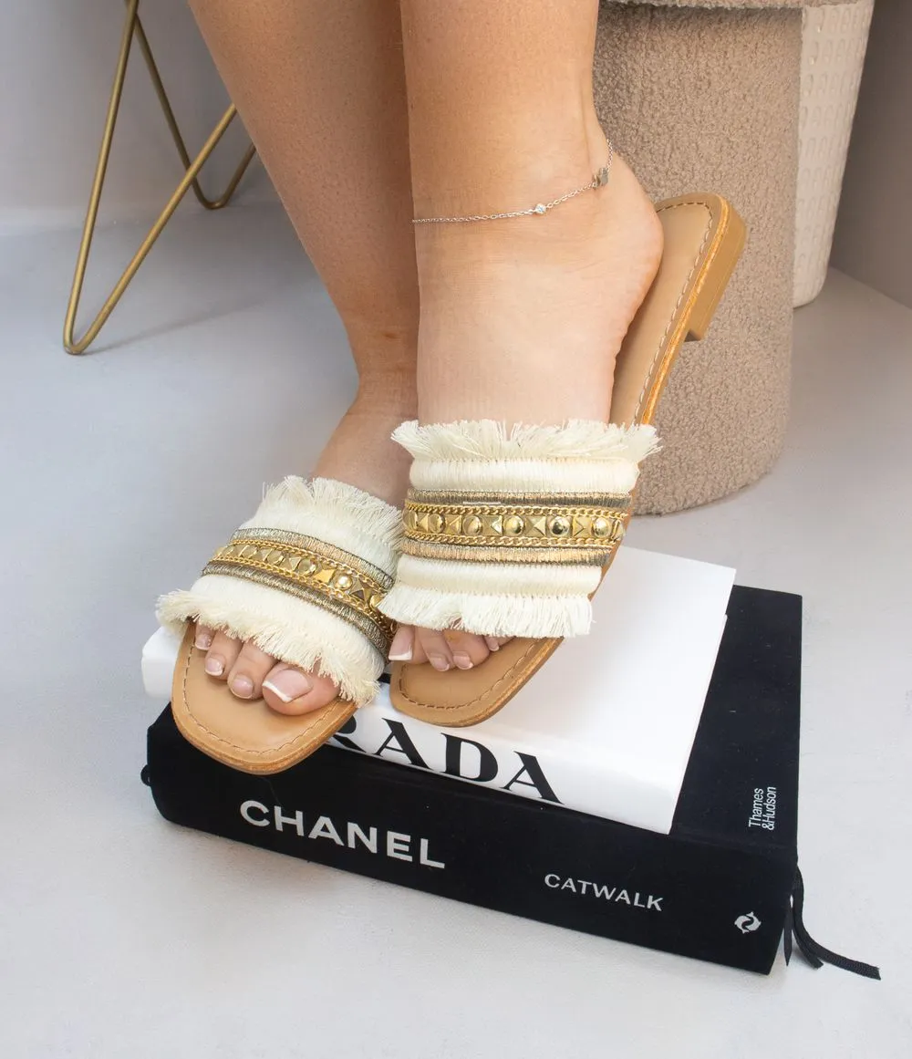 Beige Tassel Fringe Studded Slider Style Sandals