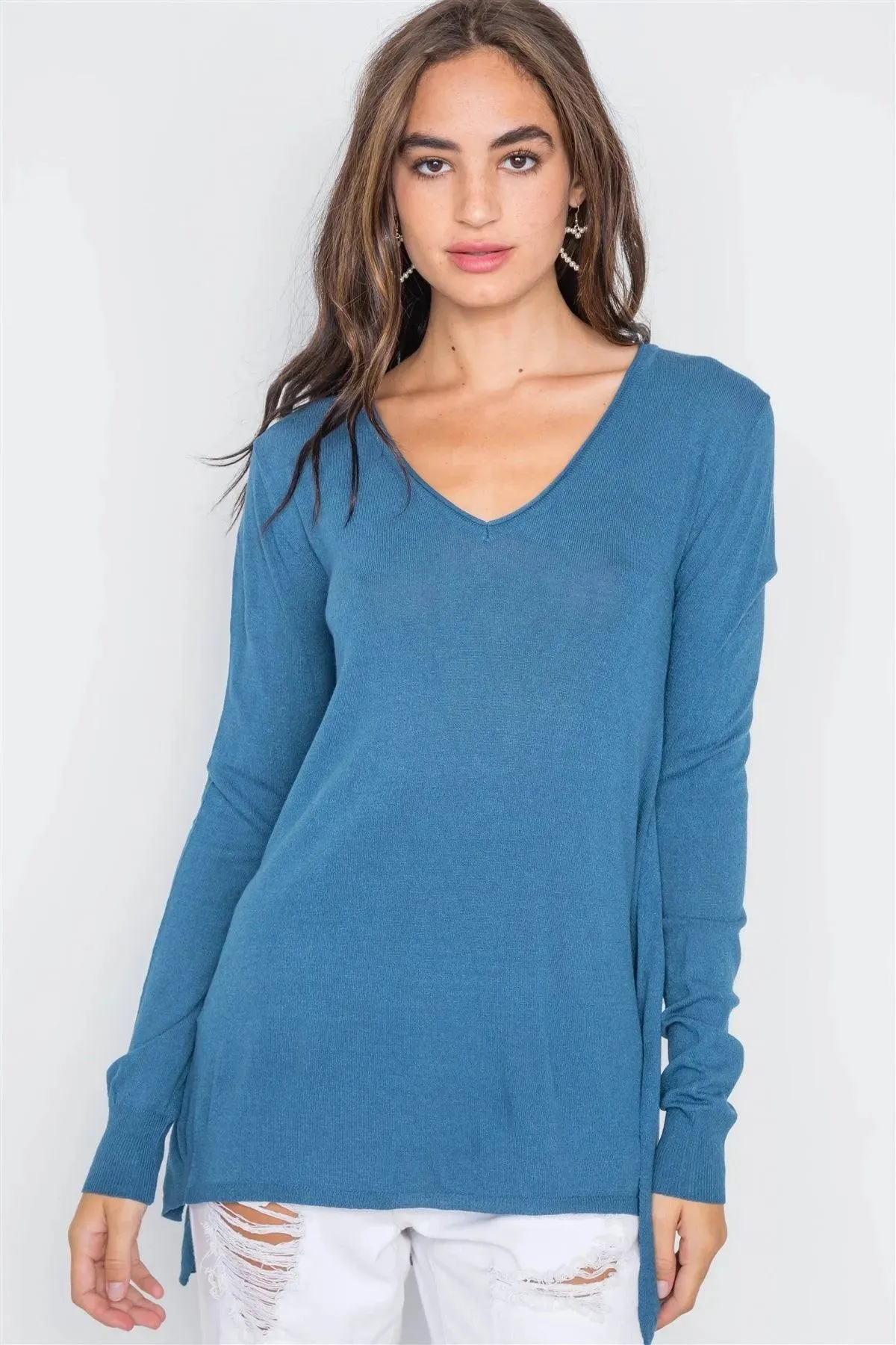 Blue Jean Knit V-Neck Casual Solid Long Sleeve Sweater