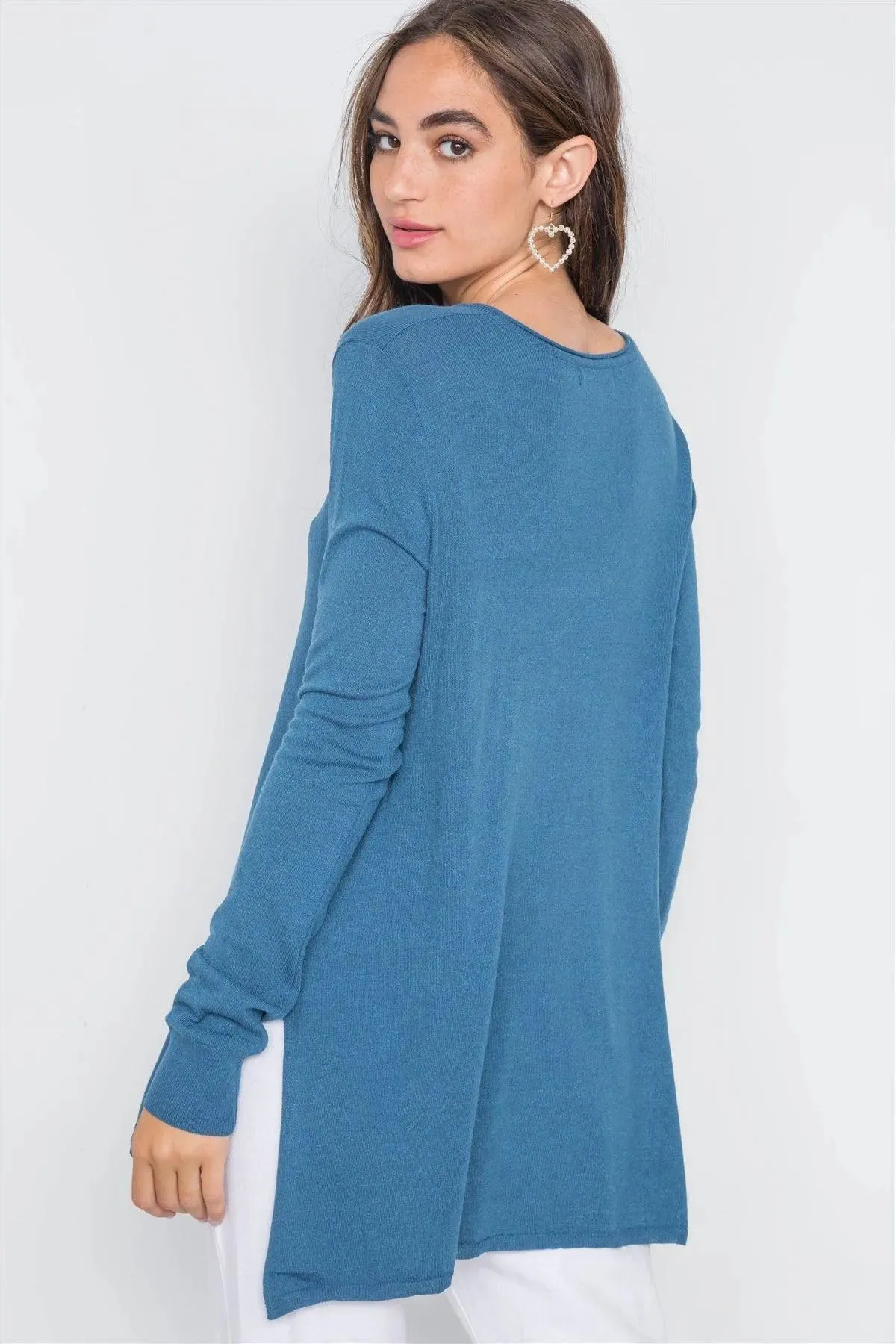 Blue Jean Knit V-Neck Casual Solid Long Sleeve Sweater