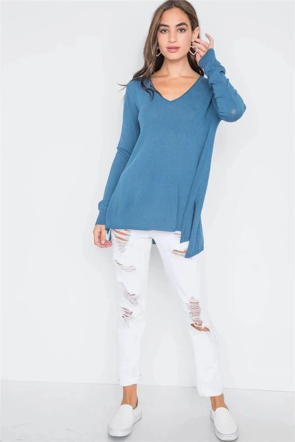 Blue Jean Knit V-Neck Casual Solid Long Sleeve Sweater