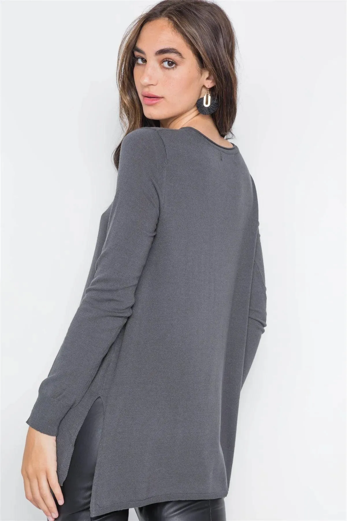 Charcoal Knit V-Neck Casual Solid Long Sleeve Sweater