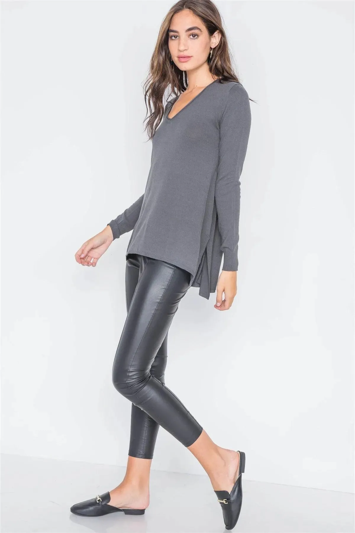 Charcoal Knit V-Neck Casual Solid Long Sleeve Sweater