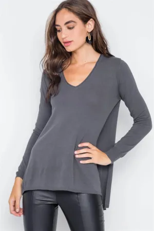 Charcoal Knit V-Neck Casual Solid Long Sleeve Sweater