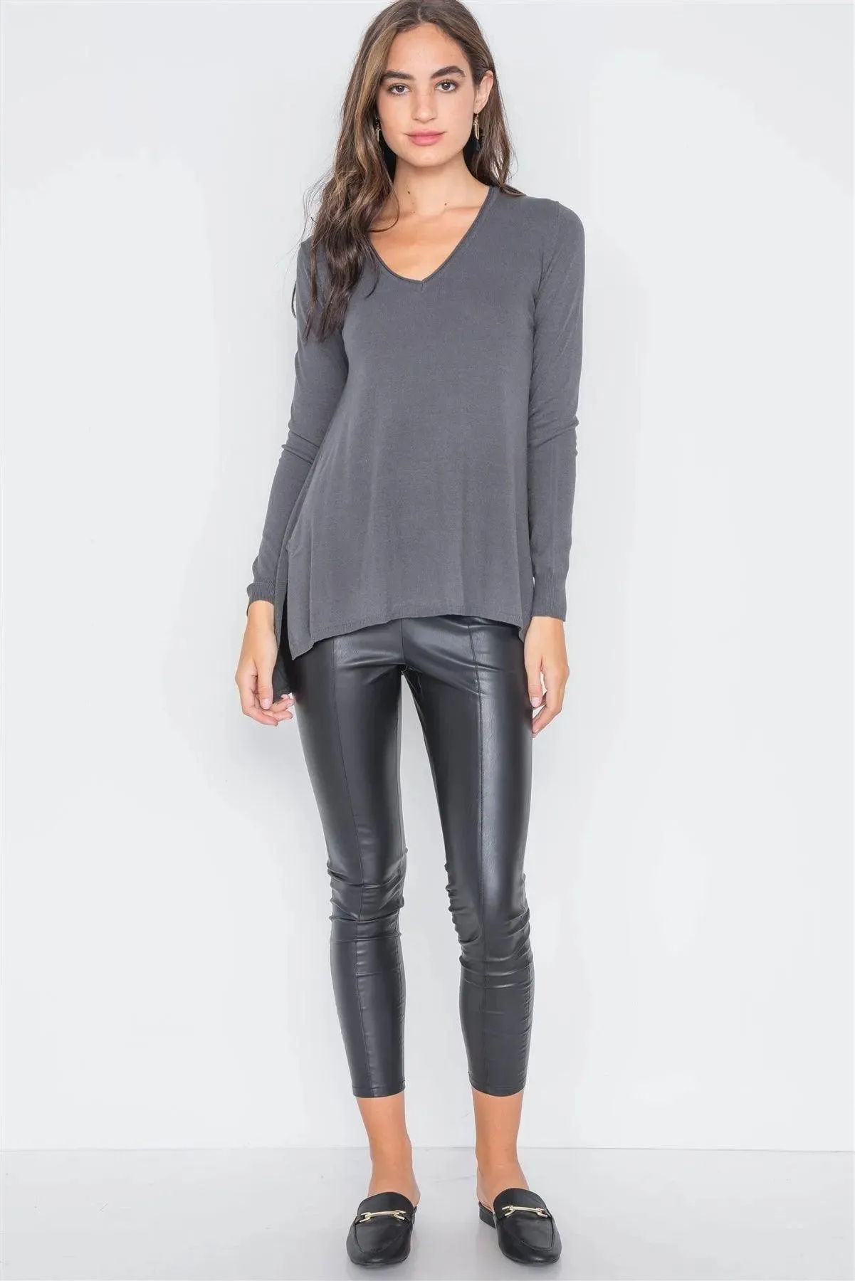 Charcoal Knit V-Neck Casual Solid Long Sleeve Sweater