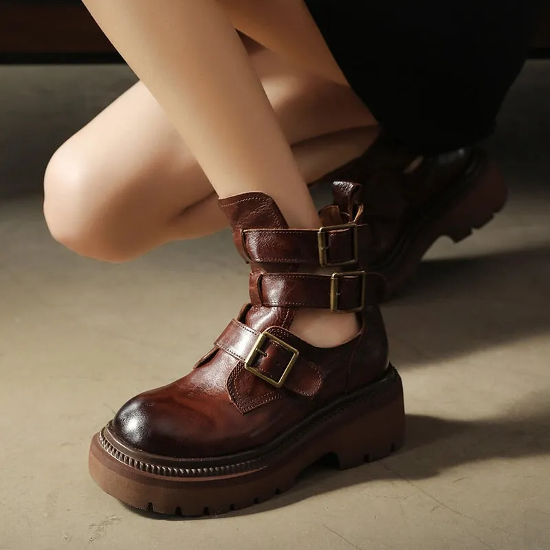 Chunky Platform Summer Boots with Triple-strap in Coffee/Black/Yellow