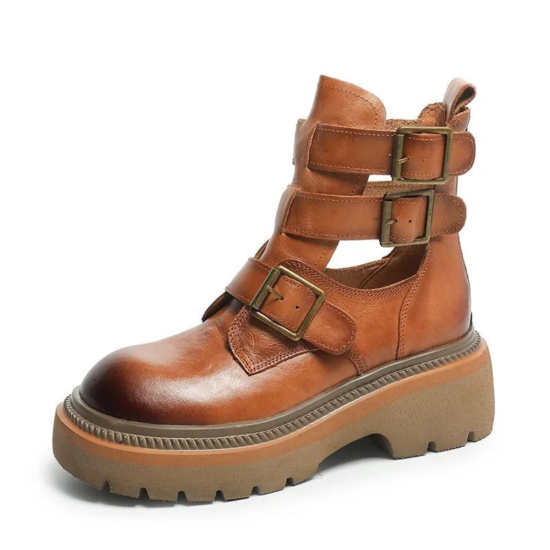 Chunky Platform Summer Boots with Triple-strap in Coffee/Black/Yellow