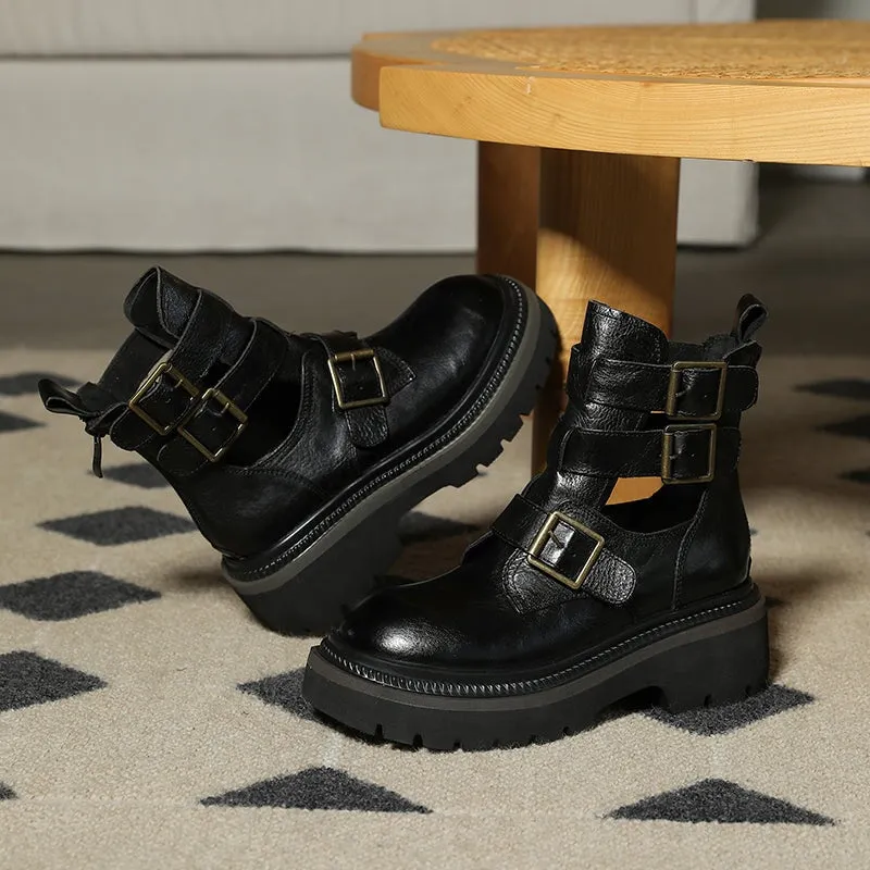 Chunky Platform Summer Boots with Triple-strap in Coffee/Black/Yellow