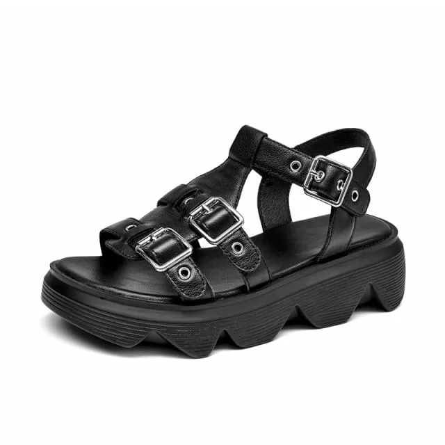 Chunky Sandals Gladiator Women Cow Leather Multi Buckles Ankle Strap Platform Ladies Casual Shoes Handmade 38168