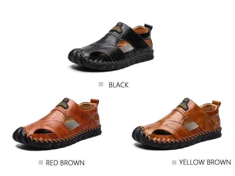 Classic Black Soft Men Shoes Covered Toes Summer Beach Sandals Leather Flat Big Size Sandals Men Breathable Non Slip Fashion