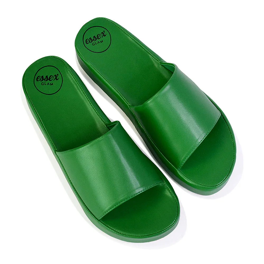 Coco Flatform Summer Comfy Slip on Low Wedge Platform Flat Sandal Slides in Green