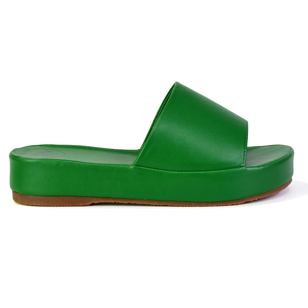 Coco Flatform Summer Comfy Slip on Low Wedge Platform Flat Sandal Slides in Green