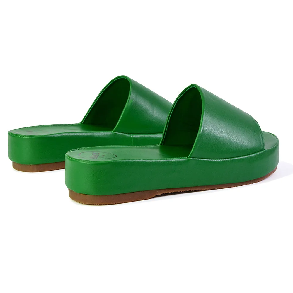 Coco Flatform Summer Comfy Slip on Low Wedge Platform Flat Sandal Slides in Green