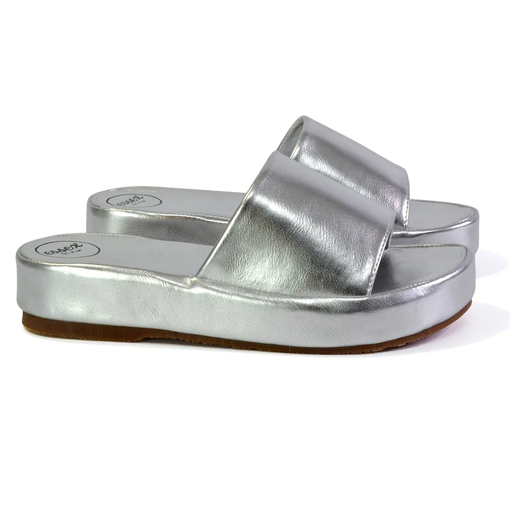 Coco Flatform Summer Comfy Slip on Low Wedge Platform Flat Sandal Slides in Silver