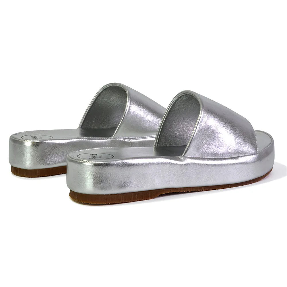 Coco Flatform Summer Comfy Slip on Low Wedge Platform Flat Sandal Slides in Silver