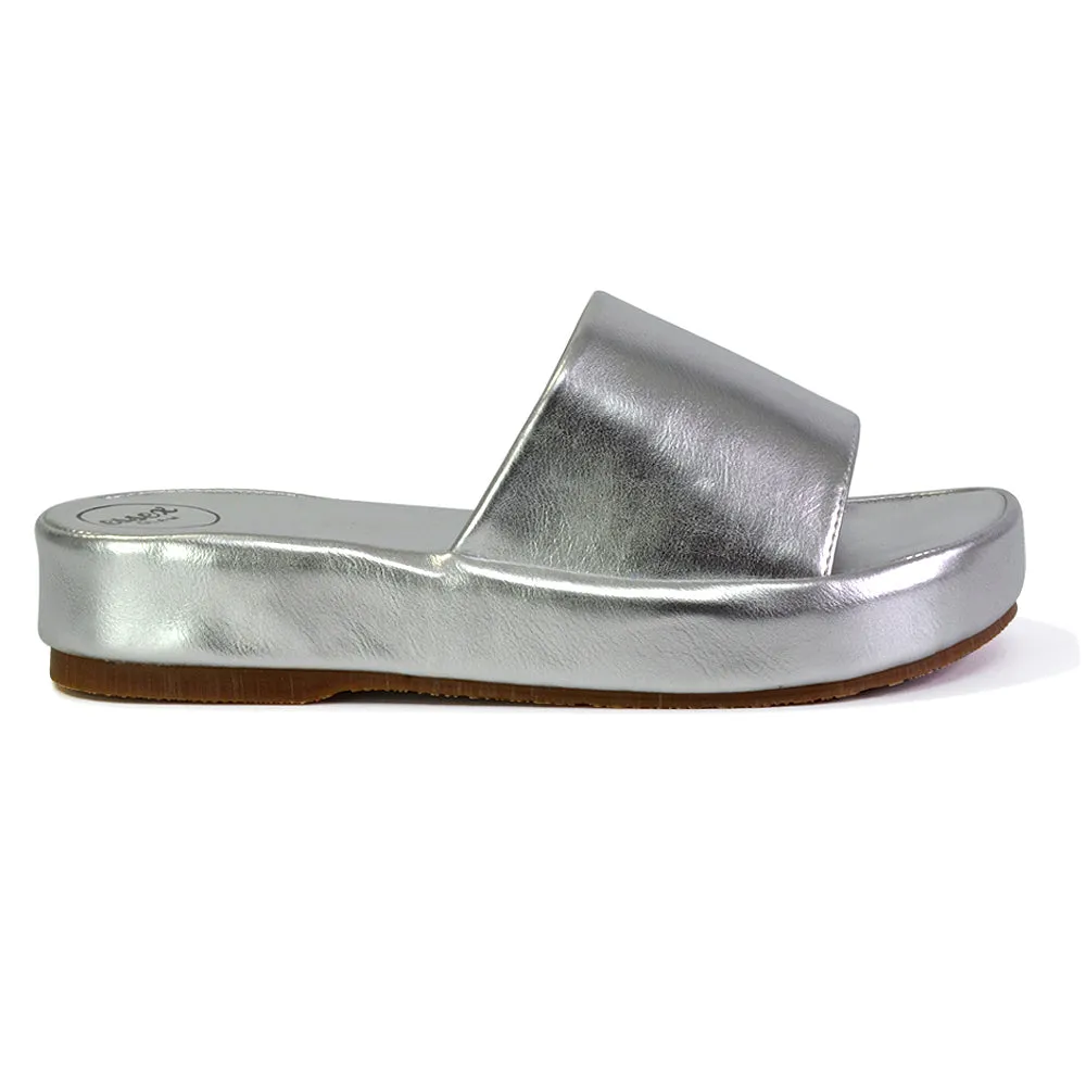 Coco Flatform Summer Comfy Slip on Low Wedge Platform Flat Sandal Slides in Silver