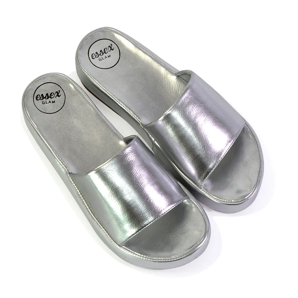 Coco Flatform Summer Comfy Slip on Low Wedge Platform Flat Sandal Slides in Silver