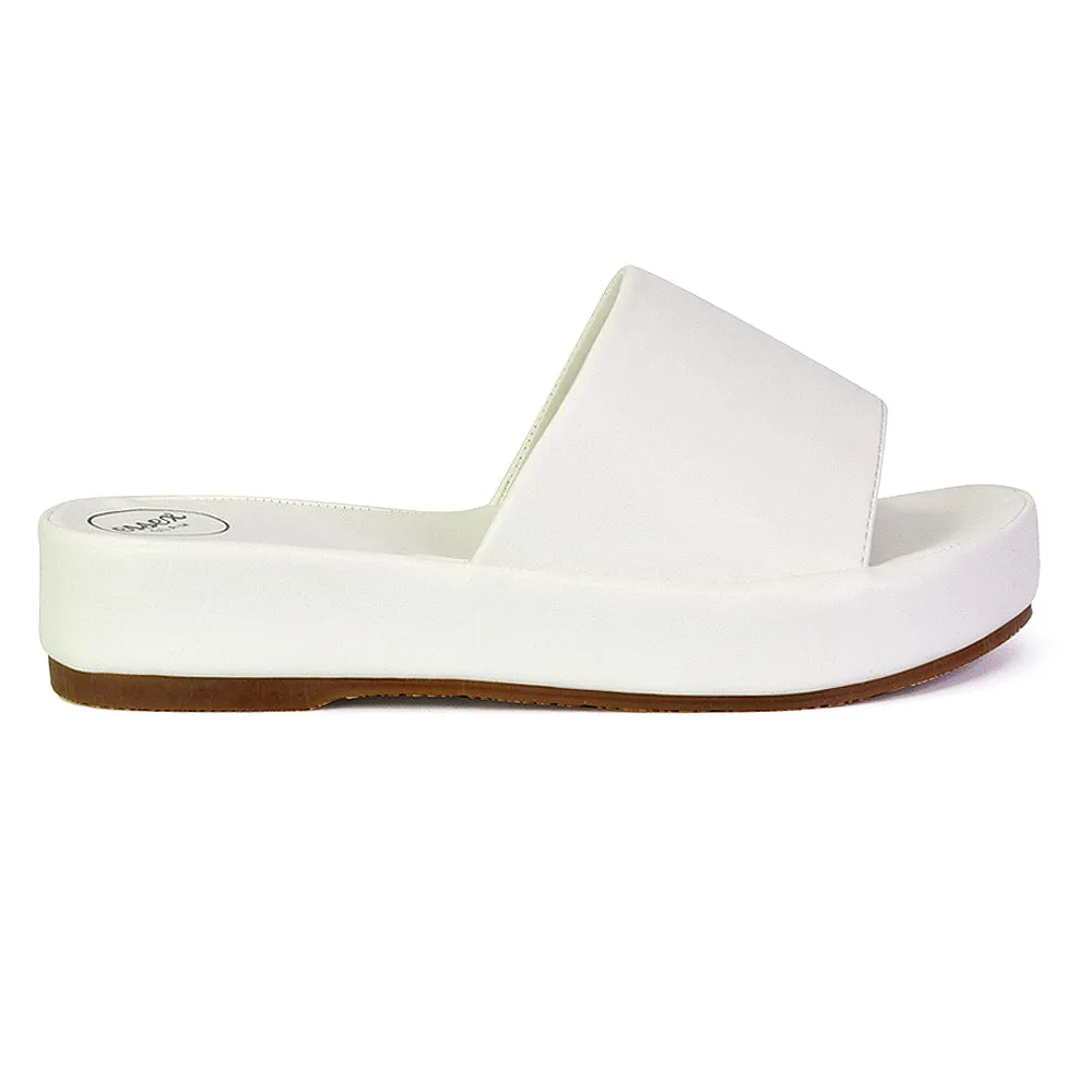 Coco Flatform Summer Comfy Slip on Low Wedge Platform Flat Sandal Slides in White