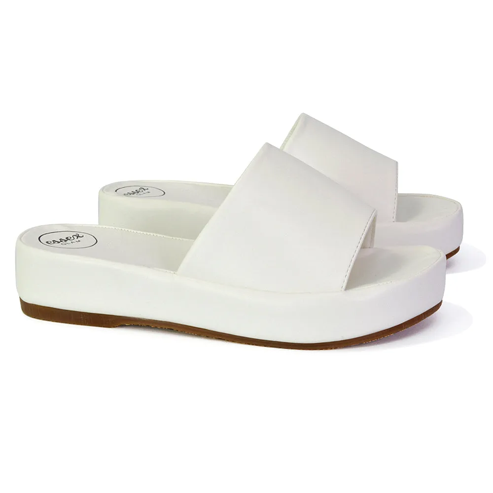 Coco Flatform Summer Comfy Slip on Low Wedge Platform Flat Sandal Slides in White