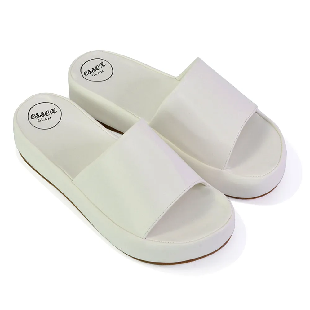 Coco Flatform Summer Comfy Slip on Low Wedge Platform Flat Sandal Slides in White