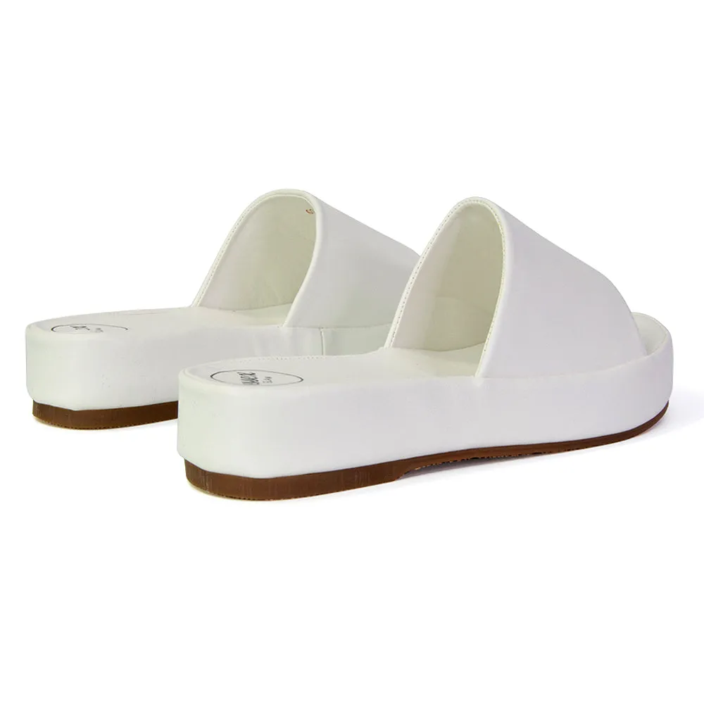 Coco Flatform Summer Comfy Slip on Low Wedge Platform Flat Sandal Slides in White