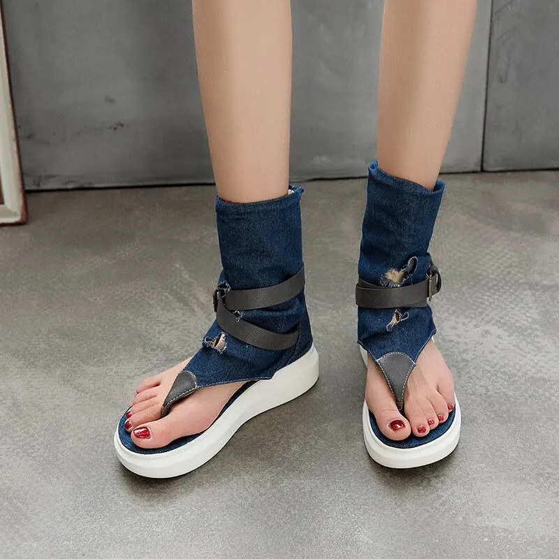 Denim Open Toe Buckle Ankle Flats