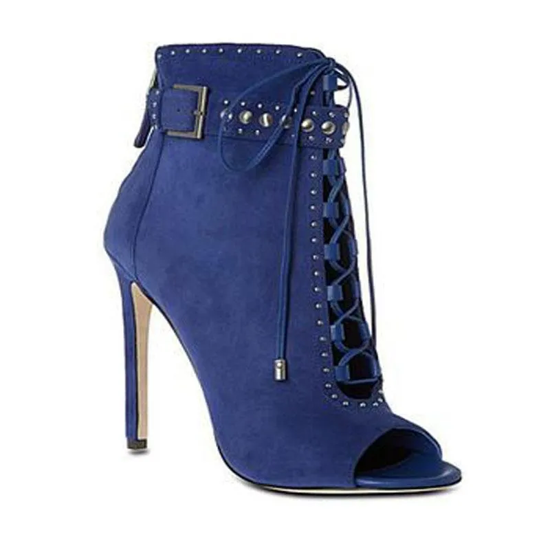 Denim Strap Peep Toe High Heel Ankle Boots