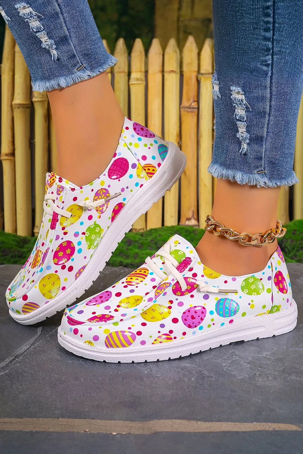 Easter Eggs Printed Square Toe Slip On Canvas Flats