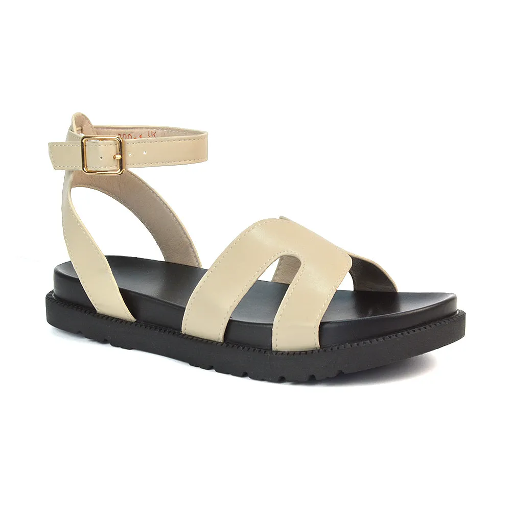 Eboni Ankle Strap Flatform Cut Out Flat Festival Sandals in Black Synthetic Leather