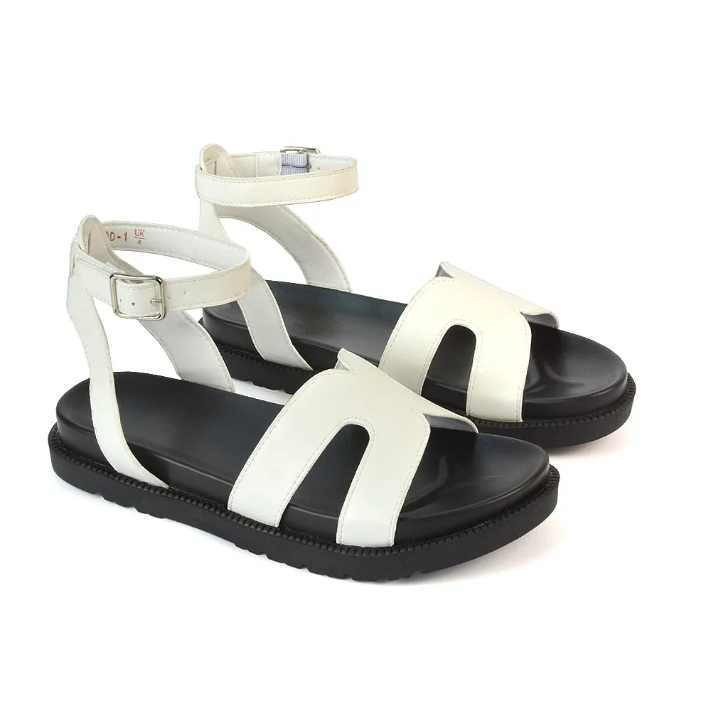 Eboni Ankle Strap Flatform Cut Out Flat Festival Sandals in Black Synthetic Leather