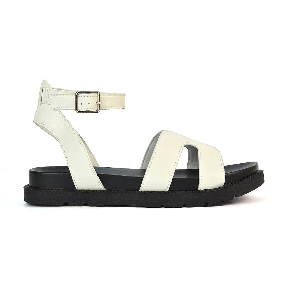 Eboni Ankle Strap Flatform Cut Out Flat Festival Sandals in White Synthetic Leather