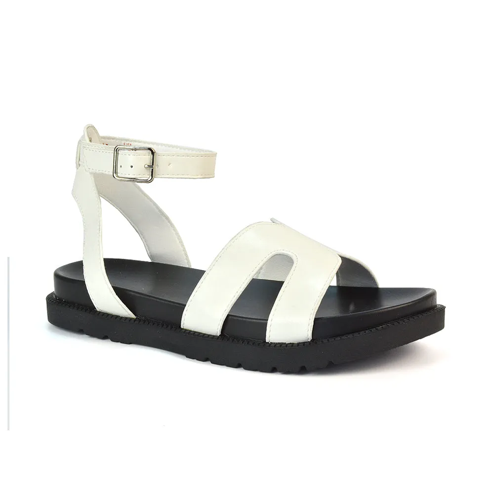 Eboni Ankle Strap Flatform Cut Out Flat Festival Sandals in White Synthetic Leather