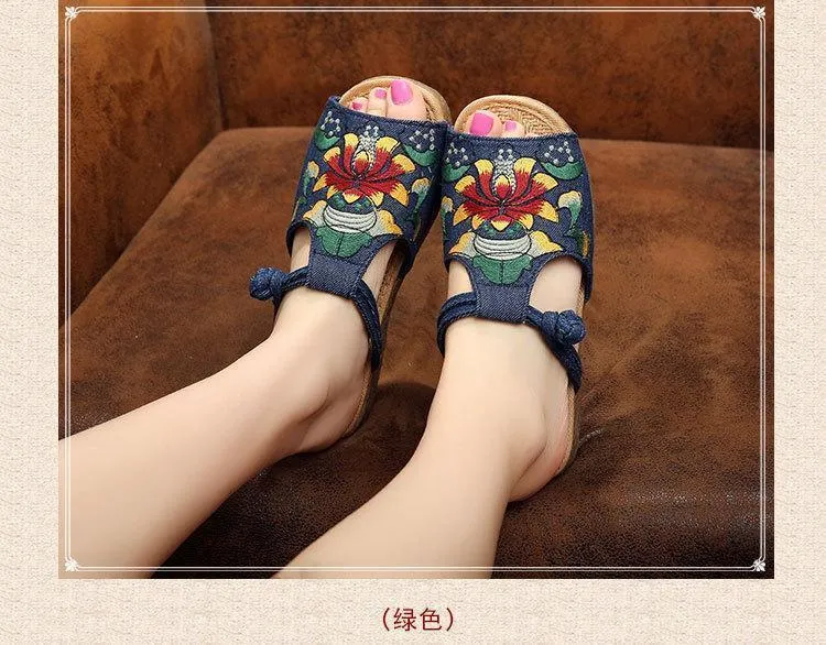 Ethnic Style Wedge with Non-slip Fish Mouth Type Embroidered Sandals and Slippers