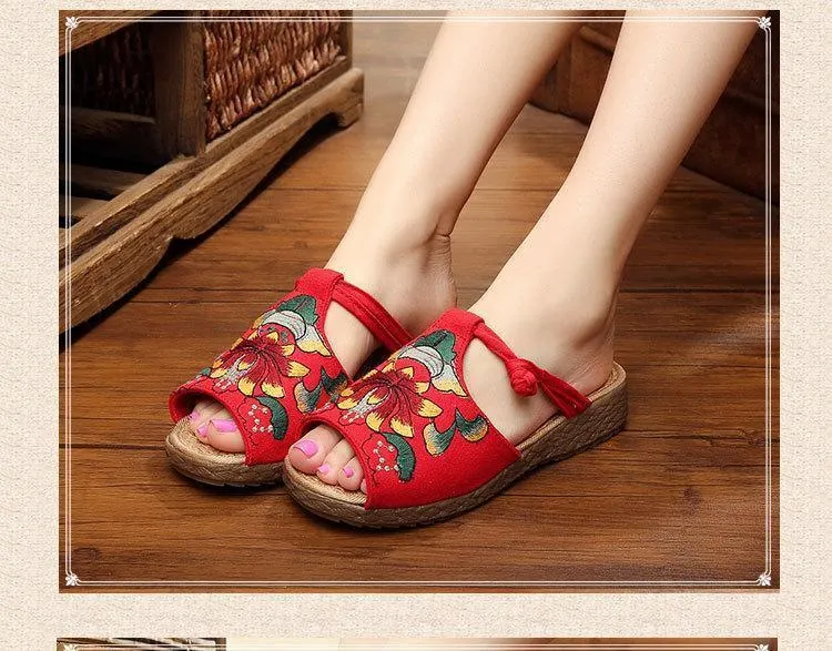 Ethnic Style Wedge with Non-slip Fish Mouth Type Embroidered Sandals and Slippers