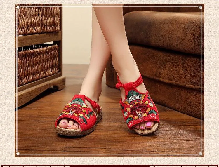 Ethnic Style Wedge with Non-slip Fish Mouth Type Embroidered Sandals and Slippers