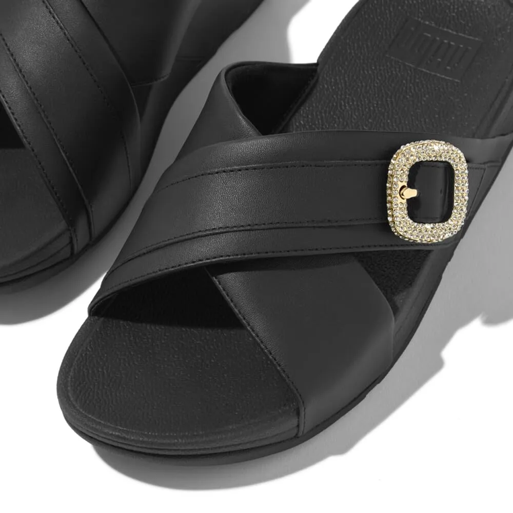 FitFlop Women's Lulu Crystal-Buckle Leather Cross Slides Wedge Sandal, Black