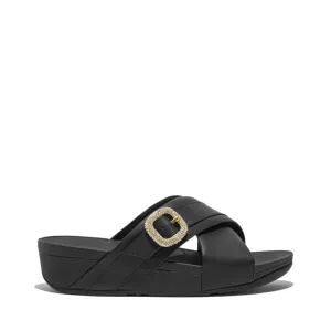 FitFlop Women's Lulu Crystal-Buckle Leather Cross Slides Wedge Sandal, Black