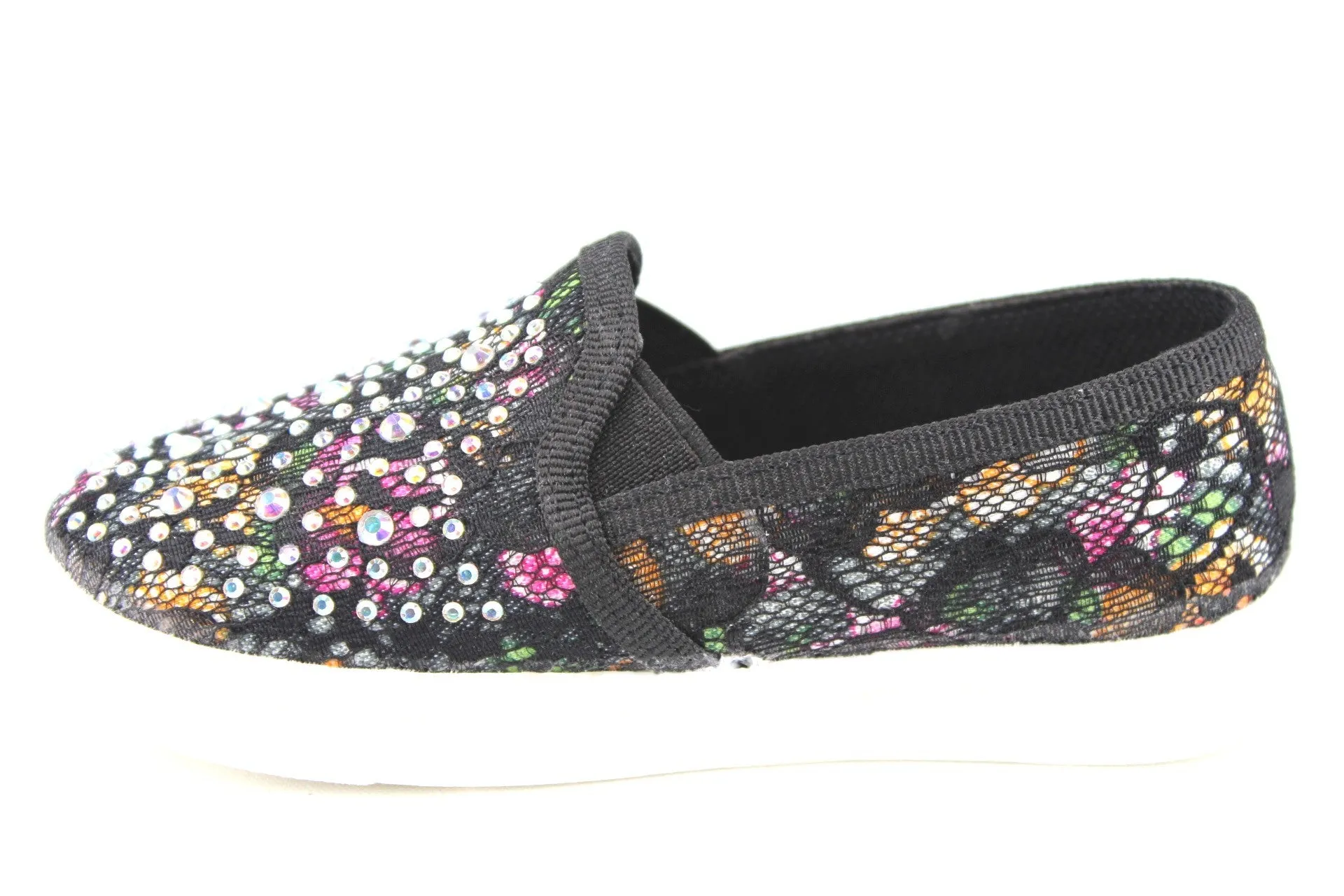 Girls FHX-08I Crystal Bling Slip On Floral Lace Canvas Shoes