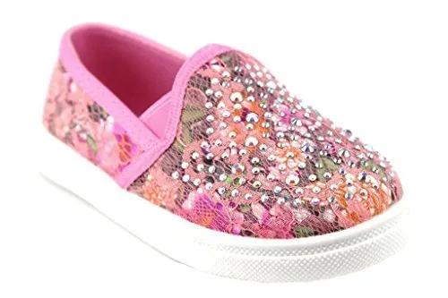 Girls FHX-08I Crystal Bling Slip On Floral Lace Canvas Shoes