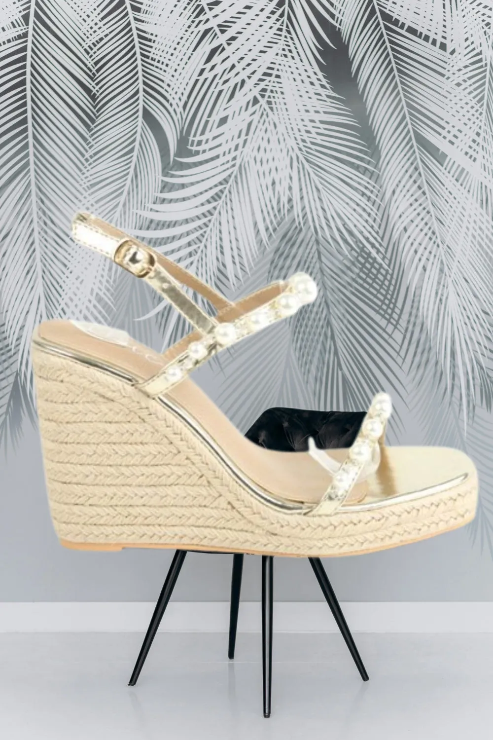 GOLD NAPPA LATTE WEDGE SANDALS WITH PEARLS DETAIL