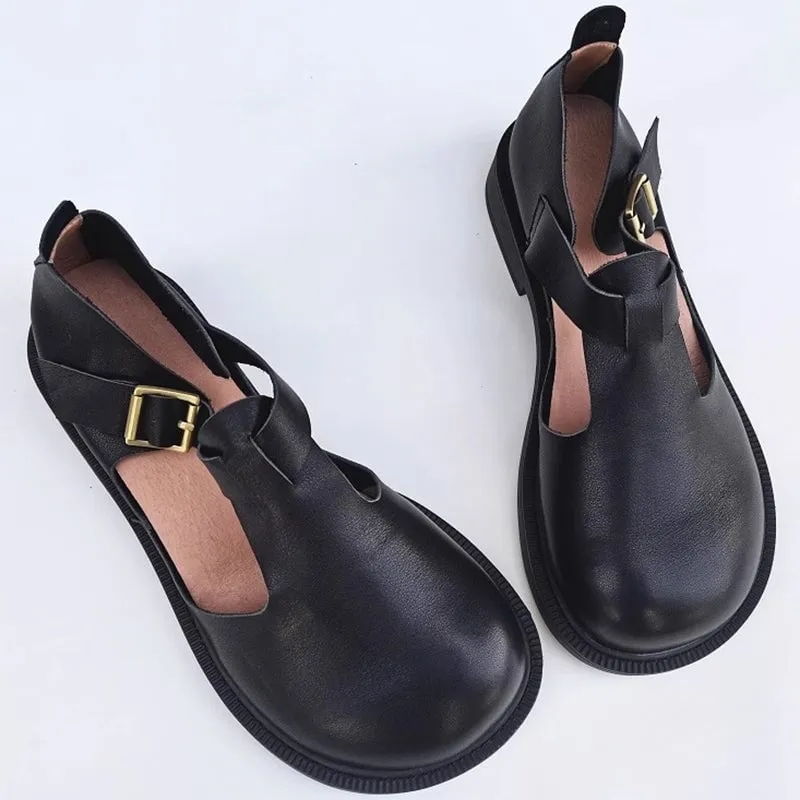 Handmade Leather Sandals For Women Mori Girl Style Retro Mary Jane Shoes Coffee/Black/Khaki