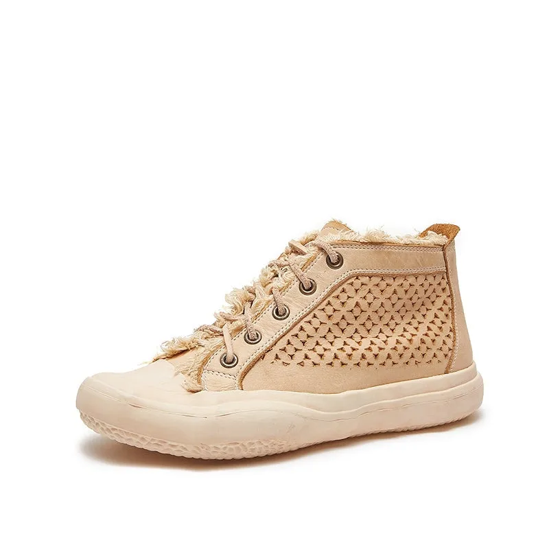 Leather Flatform High-top Perforated Sneakers for Women Fringed Detail in Apricot/Coffee