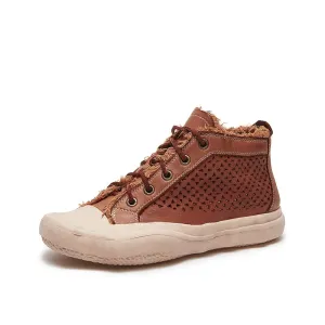 Leather Flatform High-top Perforated Sneakers for Women Fringed Detail in Apricot/Coffee