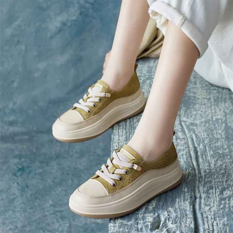 Leather Platform Breathable Sneakers for Women 35mm in Green/Beige/Brown