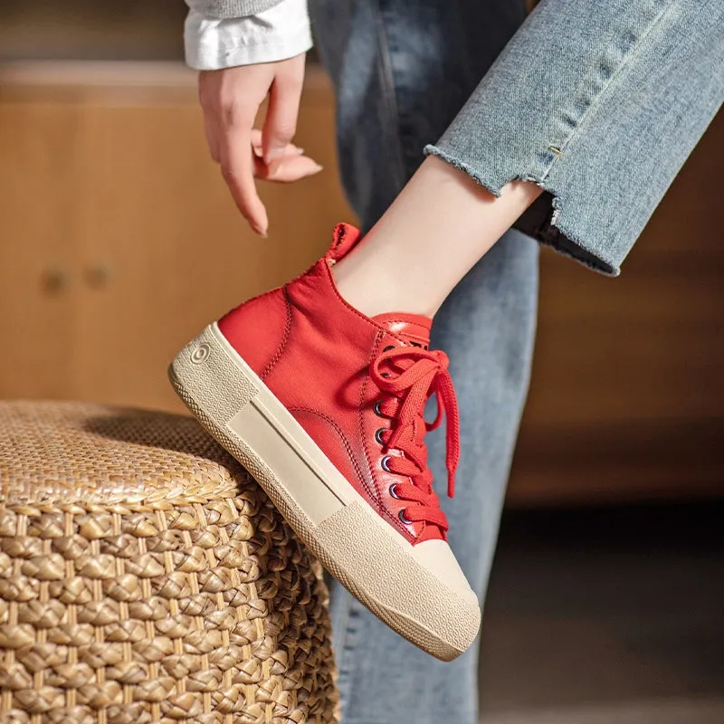 Leather Platform Sneakers for Women High-top Lace Up in Black/Red/Khaki