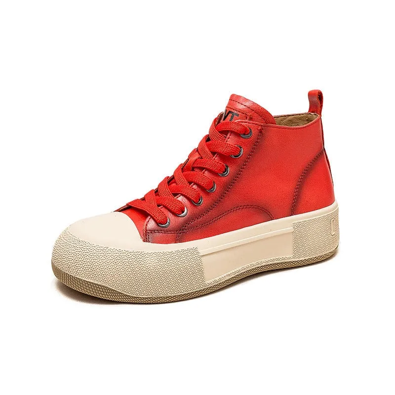 Leather Platform Sneakers for Women High-top Lace Up in Black/Red/Khaki