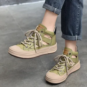 Leather Rubber Toecap Sneakers for Women High-top Lace Up in Yellow/Grey/Green/Beige