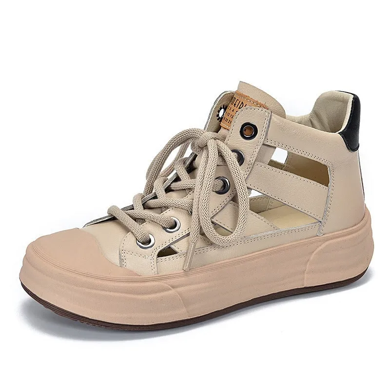 Leather Rubber Toecap Sneakers for Women High-top Lace Up in Yellow/Grey/Green/Beige