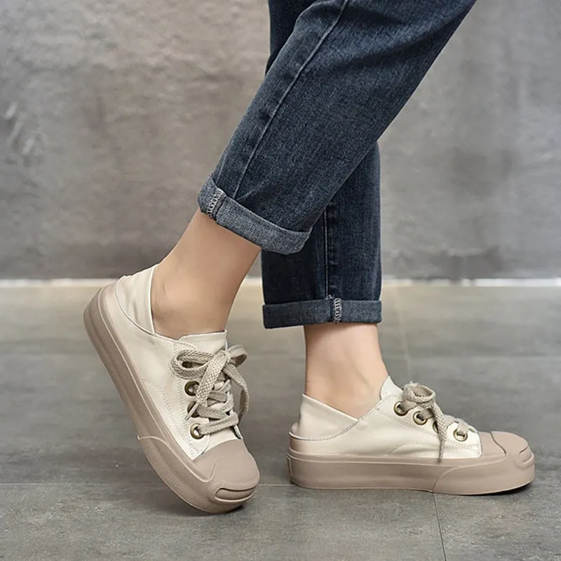 Leather Rubber Toecap Sneakers for Women Low-top Lace Up in White/Khaki/Black