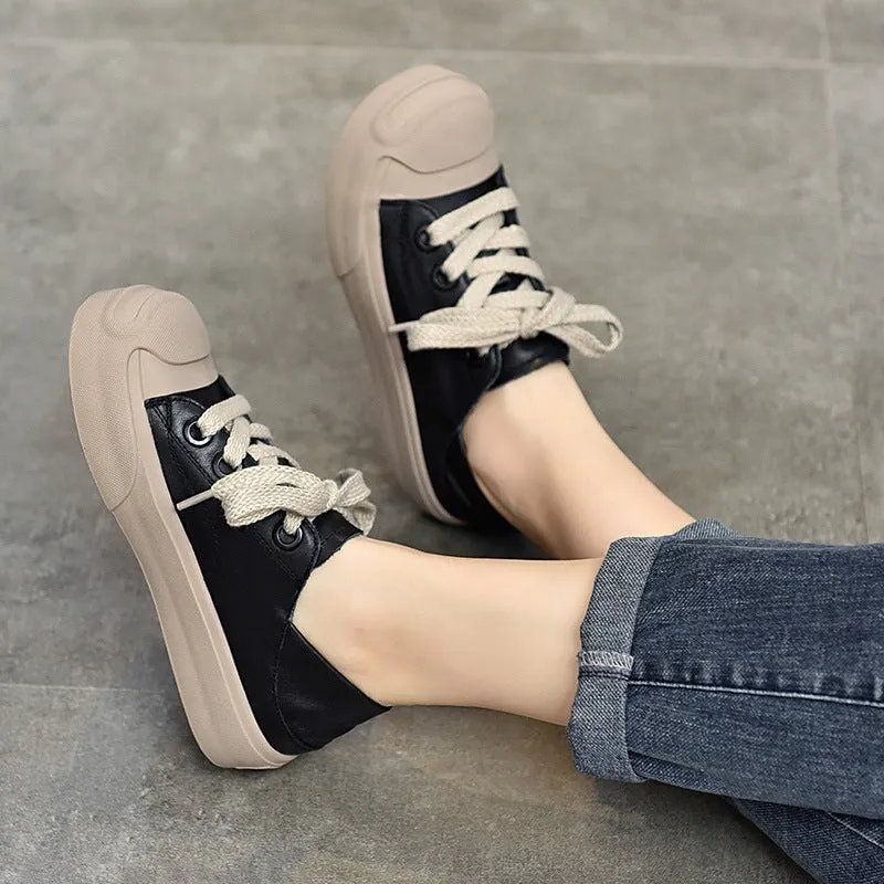 Leather Rubber Toecap Sneakers for Women Low-top Lace Up in White/Khaki/Black